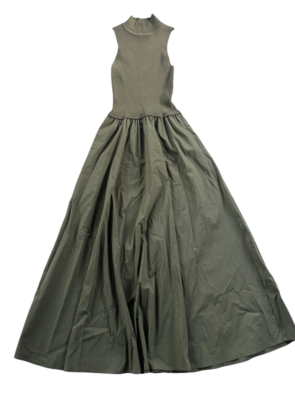 Elan Olive High-Neck Ribbed Bodice Maxi Dress